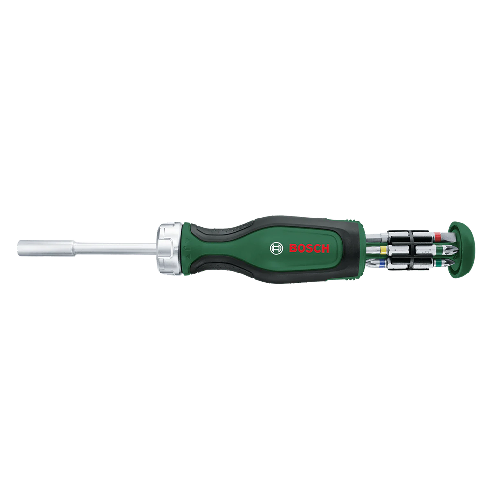 Ratchet screwdriver with 12 bits and magazine