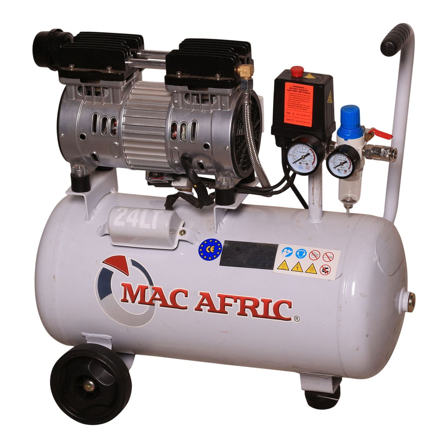 Professional silent air compressor, 24 liters, 0.6 KW (0.8 HP) 230 V, oil-free