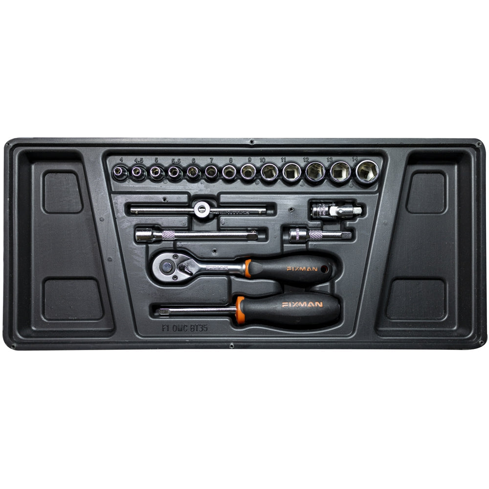 19-piece socket and accessory set with a tray