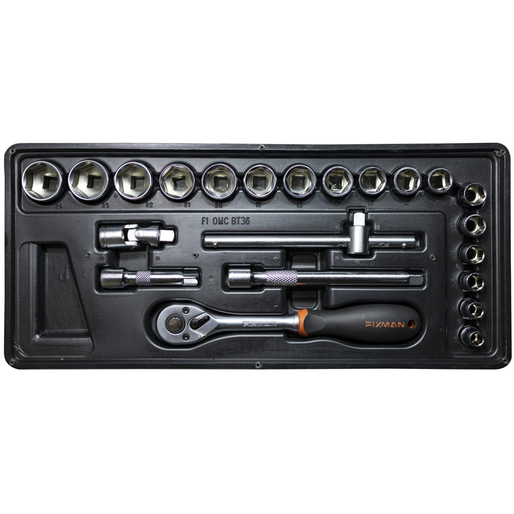 22-piece socket and accessory set with a tray