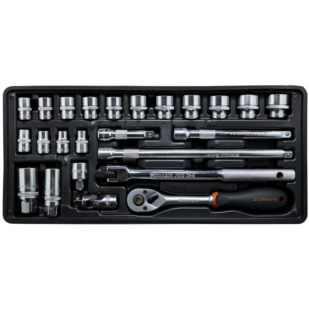 24-piece socket and accessory set with a tray