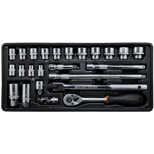 24-piece socket and accessory set with a tray