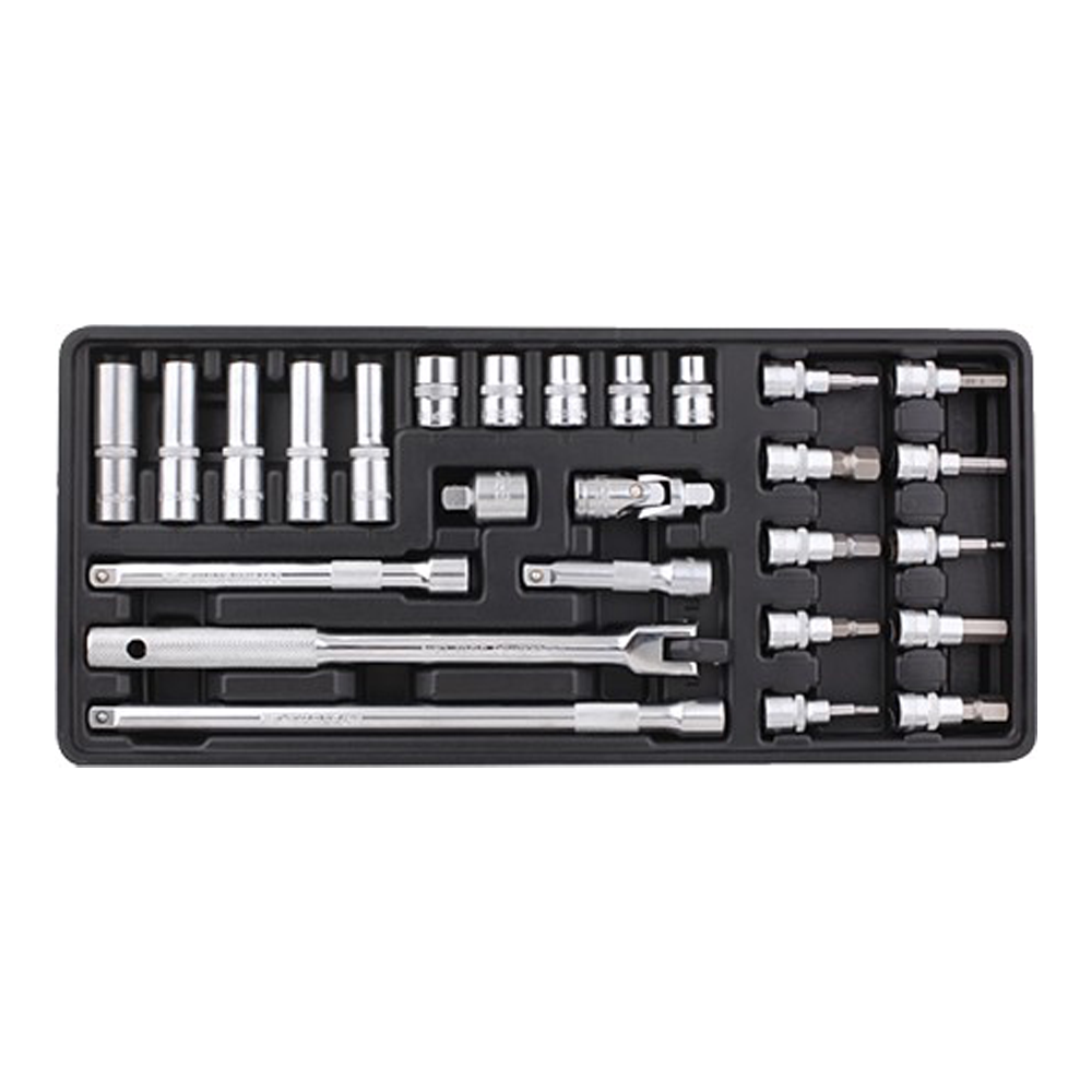 26-piece socket and accessory set with a tray