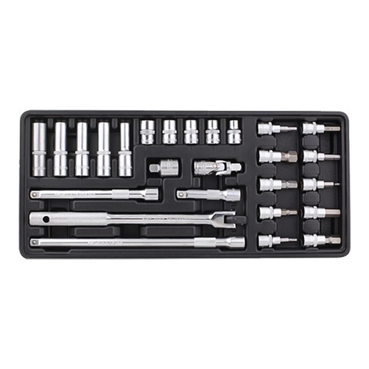 26-piece socket and accessory set with a tray