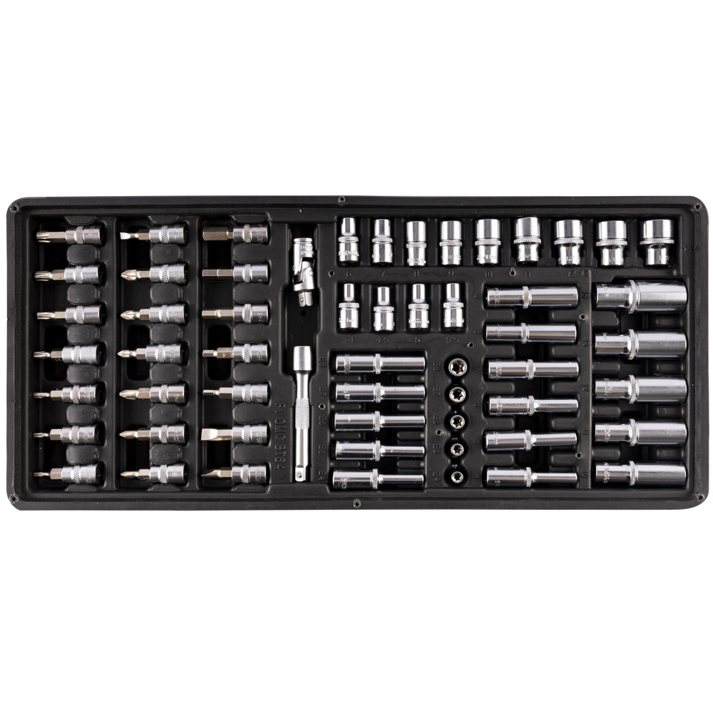 57-piece socket and accessory set with a tray