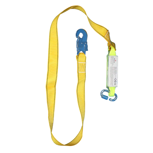 Single lanyard with shock absorber and carabiner