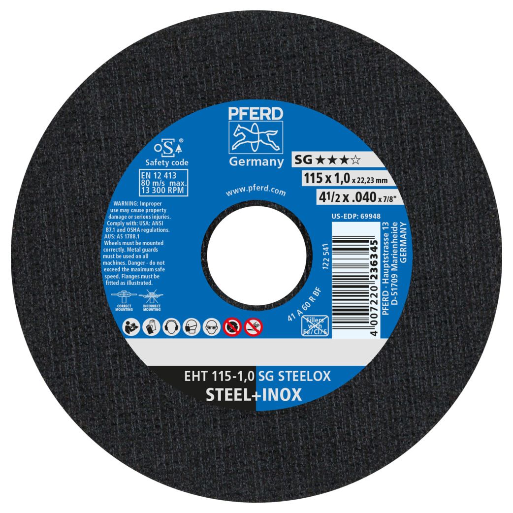 EHT cutting disc 115x1.0x22.23mm SG STEELOX performance line flat for steel and stainless steel (10)