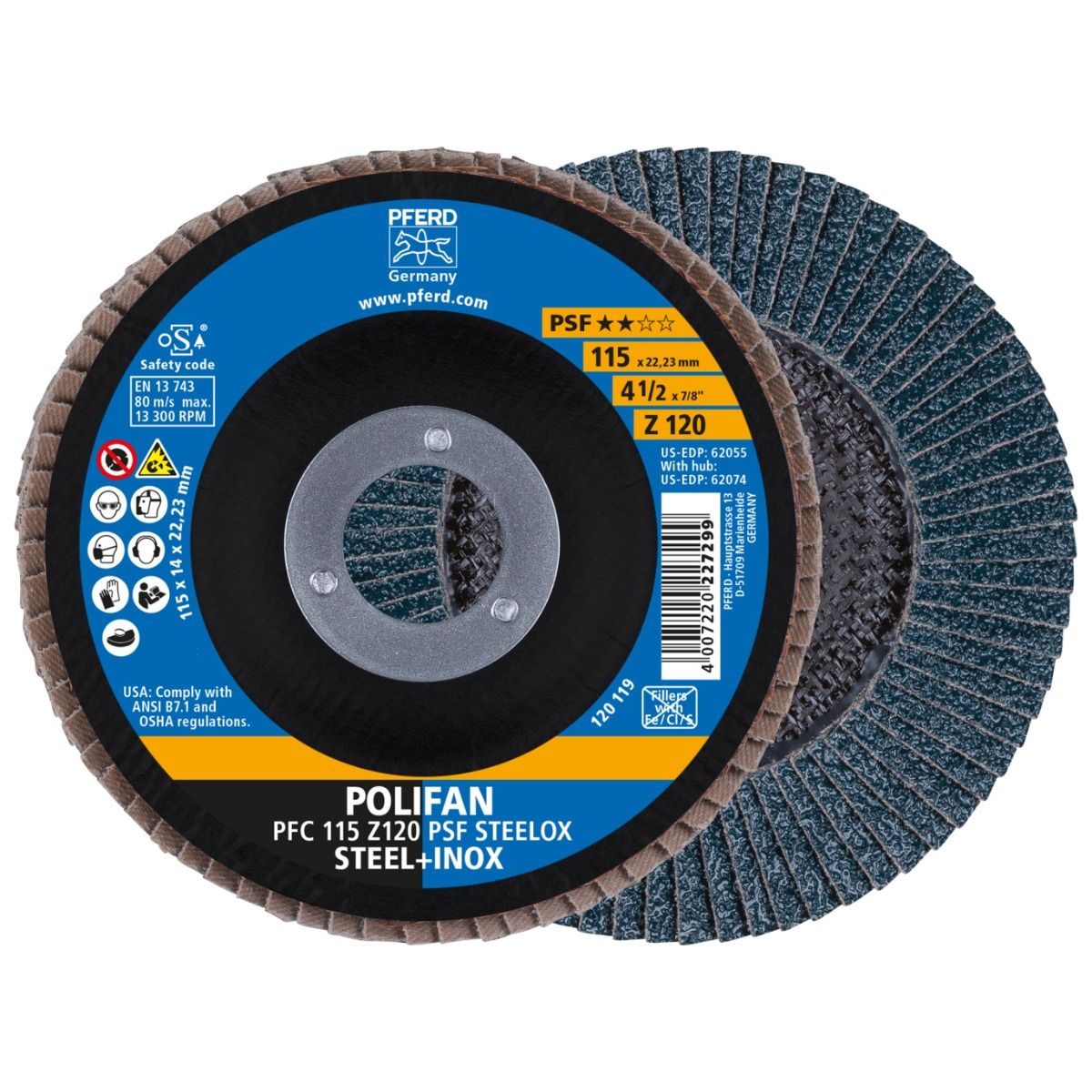 POLIFAN PFC flap disc 115x22.23 mm conical Z120 Uni. PSF Line STEELOX steel/stainless steel