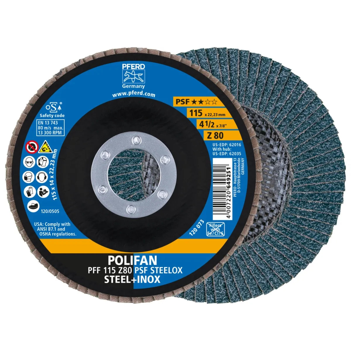 POLIFAN PFF flap disc 115x22.23 mm flat Z80 Universal Line PSF STEELOX steel/stainless steel