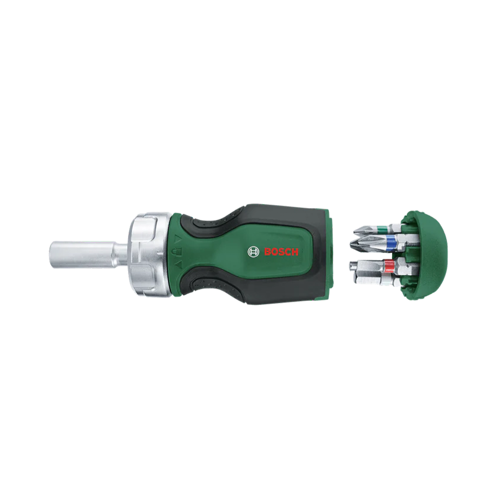 Stubby ratchet screwdriver with 6 bits and magazine