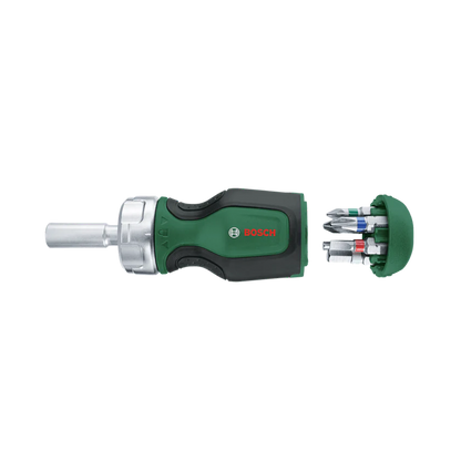 Stubby ratchet screwdriver with 6 bits and magazine