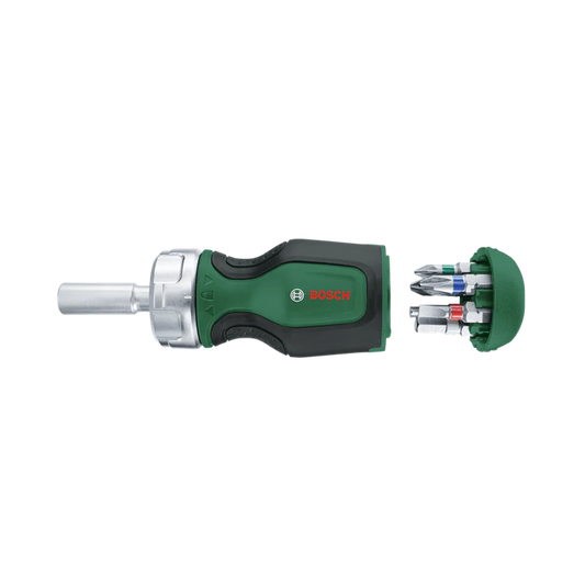 Stubby ratchet screwdriver with 6 bits and magazine