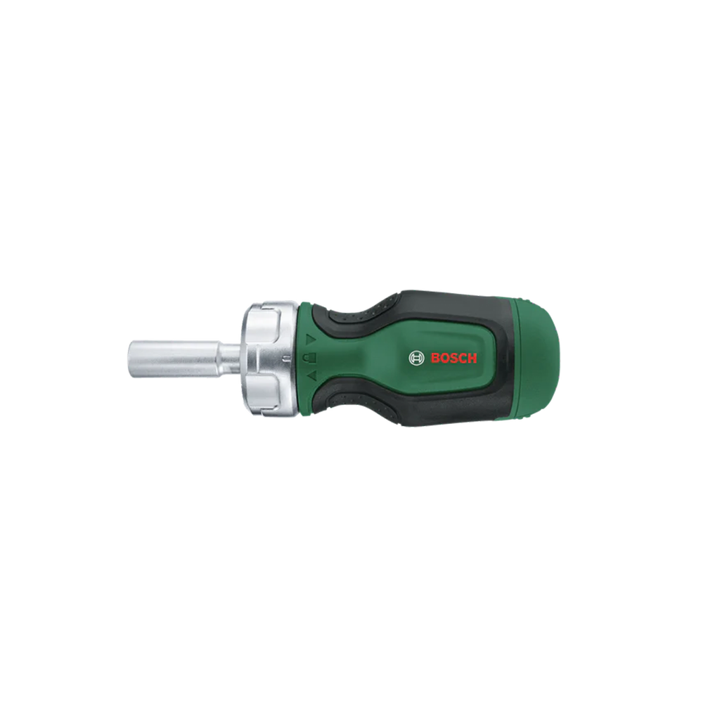 Stubby ratchet screwdriver with 6 bits and magazine