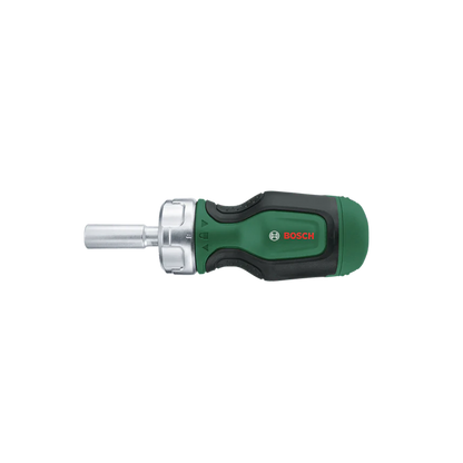 Stubby ratchet screwdriver with 6 bits and magazine