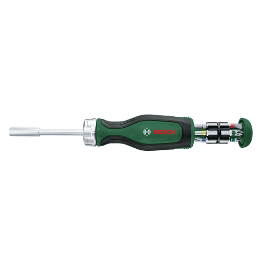 Ratchet screwdriver with 12 bits and magazine