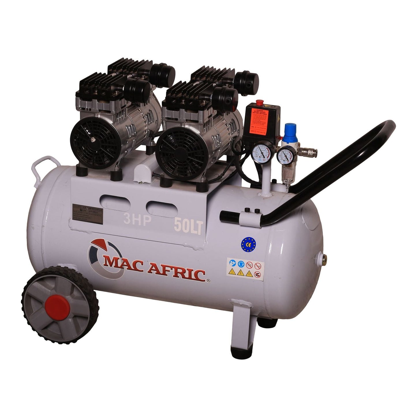 Professional silent air compressor, 50 liters, 2.2 KW (3 HP) 230 V, dual motor, oil-free