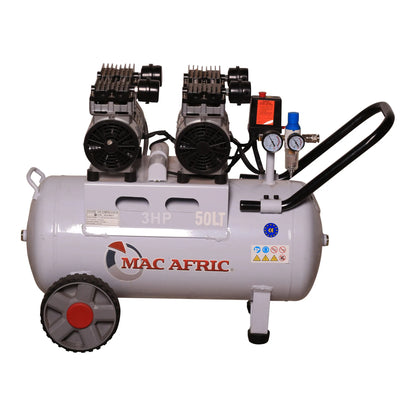 Professional silent air compressor, 50 liters, 2.2 KW (3 HP) 230 V, dual motor, oil-free