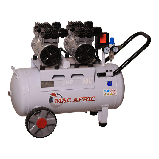 Professional silent air compressor, 50 liters, 2.2 KW (3 HP) 230 V, dual motor, oil-free