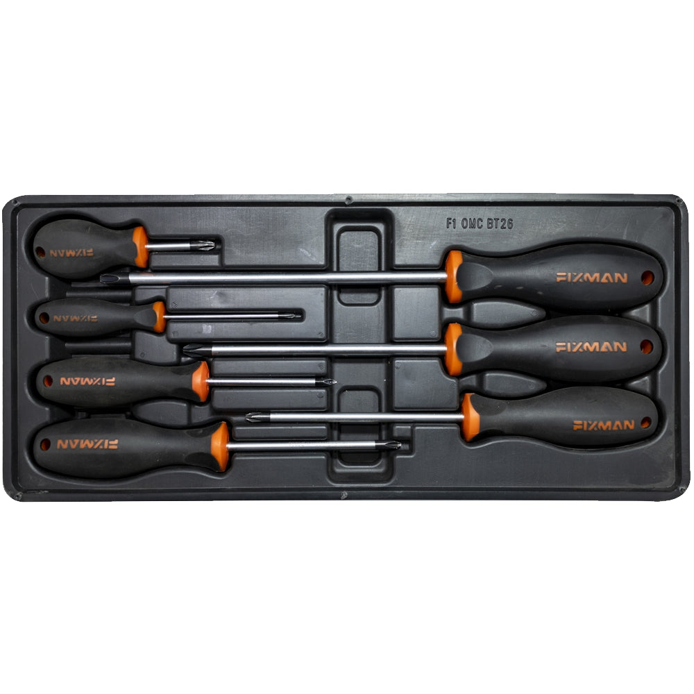 7-piece Phillips screwdriver set with a tray