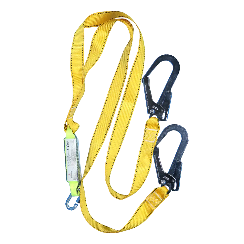 Double lanyard with shock absorber and scaffold hook